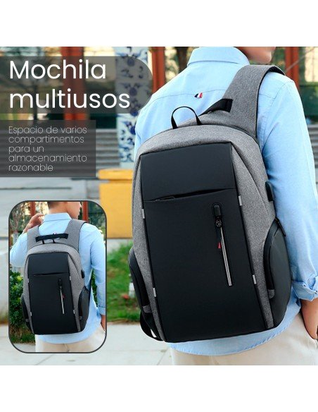 Mochila Multiusos Color Gris con Puerto USB 100% Poliéster-MC-40209