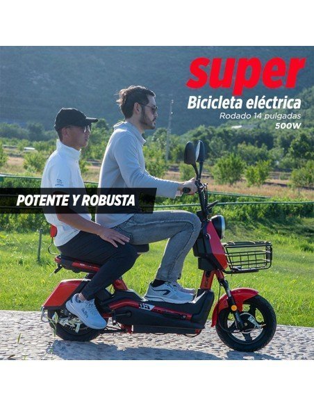 Bicicleta Eléctrica de 500 Watts Color Roja Hasta 40 km/h 4 Baterías de 12V 48/ 20Ah-BE-40699