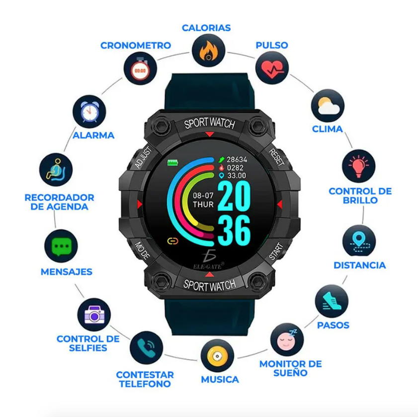 Reloj tipo smart watch deportivo redondo con carga por puerto usb y pantalla de 1.3 pulgadas, variedad de colores 