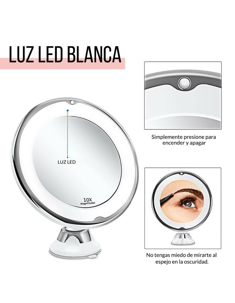 Espejo de tocador con luz LED Redondo con 10x de zoom y base flexible Color Blanco 360-SYB-41282