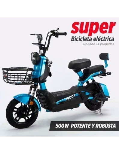 [BE-40697] Bicicleta Eléctrica de 500 Watts Color Azul Hasta 40 km/h 4 Baterías de 12V 48/ 20Ah-BE-40697