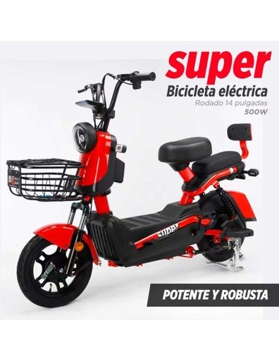 [BE-40699] Bicicleta Eléctrica de 500 Watts Color Roja Hasta 40 km/h 4 Baterías de 12V 48/ 20Ah-BE-40699