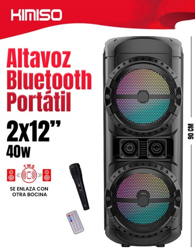 [EL-44675] Altavoz Conexión Bluetooth Portátil, con Dos altavoces de 12 pulgadas / 40W Cable USB-MINI USB Micrófono + Control -EL-44675