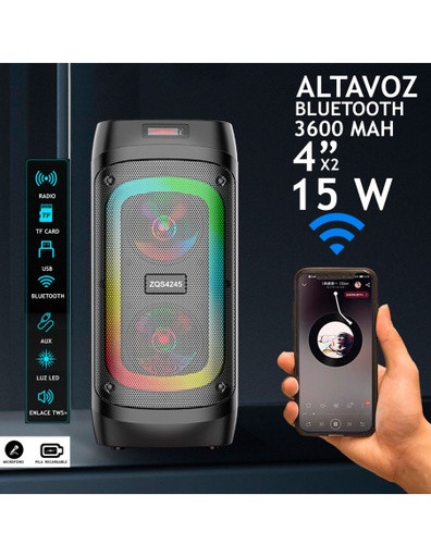 [EL-44676] Altavoz Conexión Bluetooth Portátil, con Iluminación LED de 4 pulgadas / 15W 2 Altavoces Cable USB-MINI USB-EL-44676 