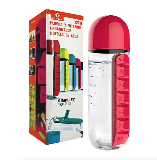 [HOG-JO1018] Botella transparente on teck de plástico con pastillero semanal y capacidad para 600ml, variedad de colores 